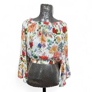 Romantic Cottagecore Smocked Flare Sleeve Blouson Top Small Soft Floral Picnic